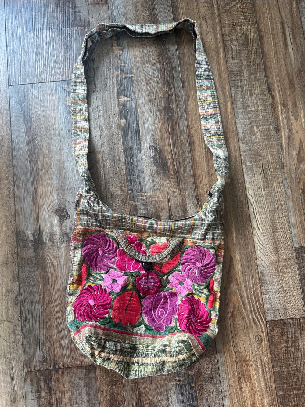 Boho Embroidered Pink Floral Crossbody Bag